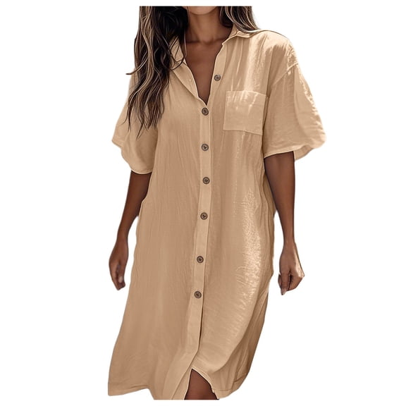 OSOLU Women Solid Color Casual Short Sleeve Long Cardigan Shirt Dress Leisure Sundress Wedding Guest Dresses For Women