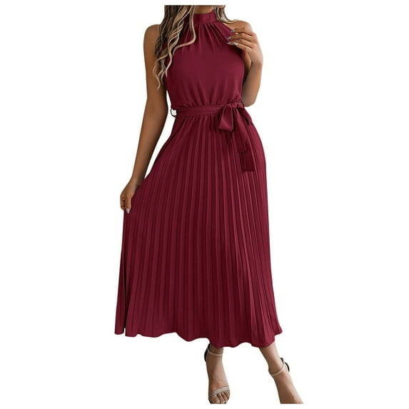 OSOLU Women Solid Color Ladies Fashionable Elegant Stand Sleeveless Waist Pleated Long Skirt Lovely Skirts