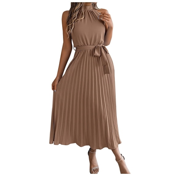 OSOLU Women Solid Color Ladies Fashionable Elegant Stand Sleeveless Waist Pleated Long Skirt Trendy Skirts