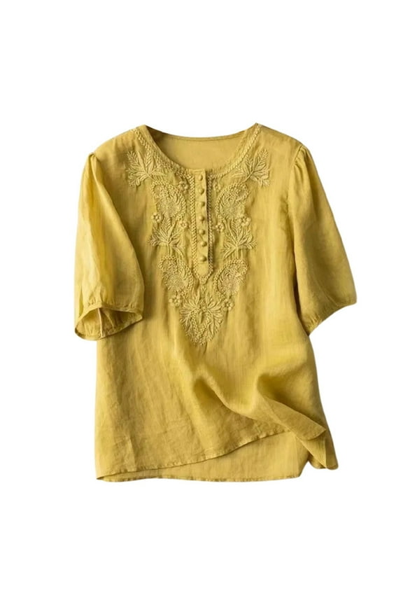 Women Solid Color Ladies T-Shirt Fashion Leisure Spring Summer Literary Retro Loose Embroidery O-Neck Thin Cotton Tshirts Tee Tops Trendy Dailywear