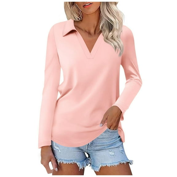 OSOLU Women Solid Color Long Sleeve Lapel V-Neck Solid Color Tops T-Shirt Tshirts Tee Classic Women Tops Dressy Casual