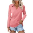 thumbnail image 1 of OSOLU Women Solid Color Long Sleeve Lapel V-Neck Solid Color Tops T-Shirt Tshirts Tee Versatile Dailywear, 1 of 3