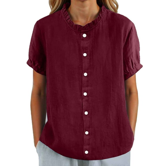 OSOLU Women Solid Color O-Neck Casual Stand Up Collar Button T-Shirt Short Sleeve Tshirts Tee Tops Classic Women Tops Dressy Casual
