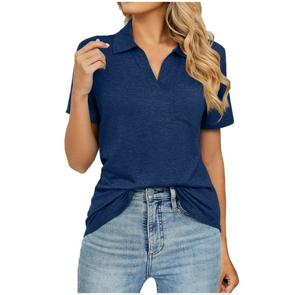OSOLU Women Solid Color Short Sleeve Lapel Pocket Loose T-Shirt Tshirts Tee Tops Trendy Dailywear