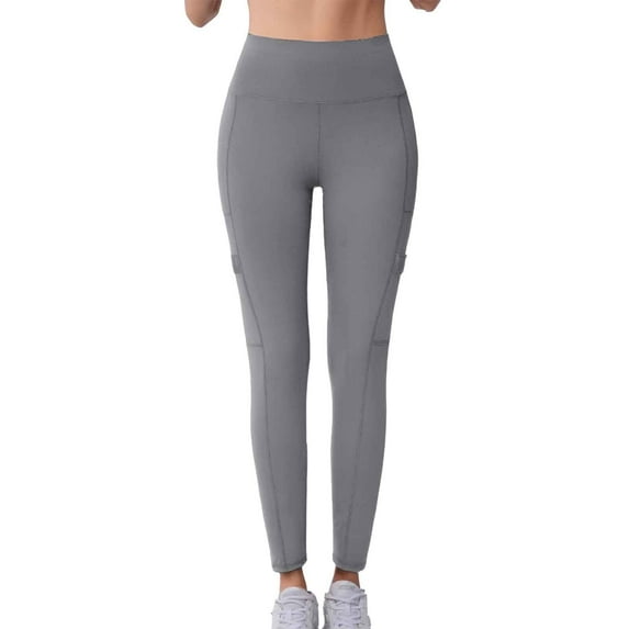OSOLU Women Solid Color Side Pocket Long Pants High Elastic Yoga Pants Lifting Running And Fitness Sports Pants Workout Stretchy Running Tummy Control Joggers Bottoms Grey S