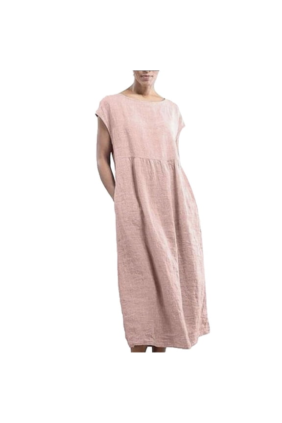 Women Solid Color Sleeveless O-neck Maxi Pockets Linen Loose Baggy Kaftan Long Dress Boho Sundress Dresses For Women 2025 Elegant Classy