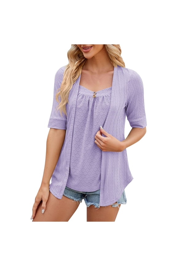 Women Solid Color Square Patchwork Button Mid Sleeve T-Shirt Tee Tops Boho Dailywear