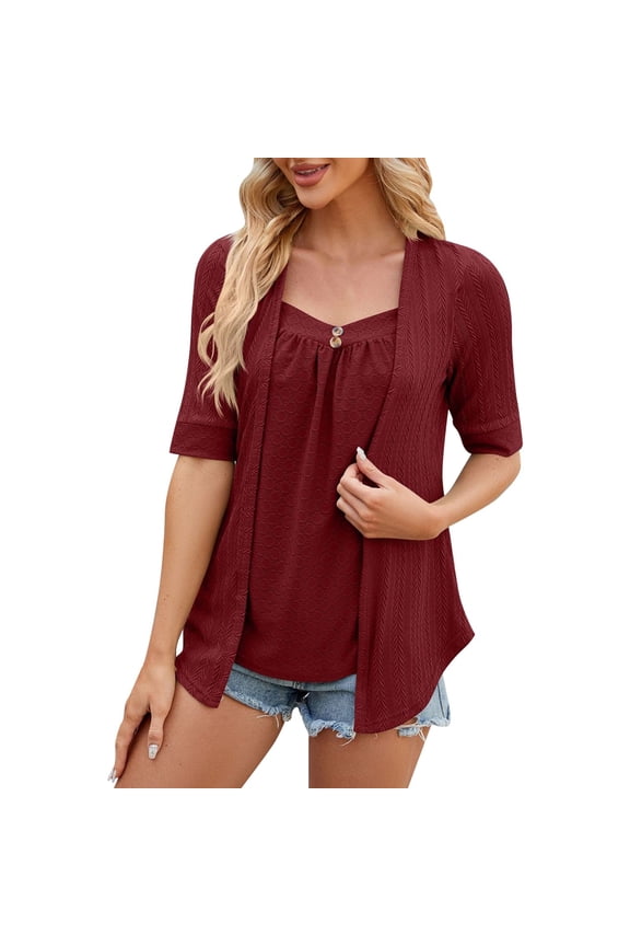 Women Solid Color Square Patchwork Button Mid Sleeve T-Shirt Tee Tops Relaxed Fit Dailywear