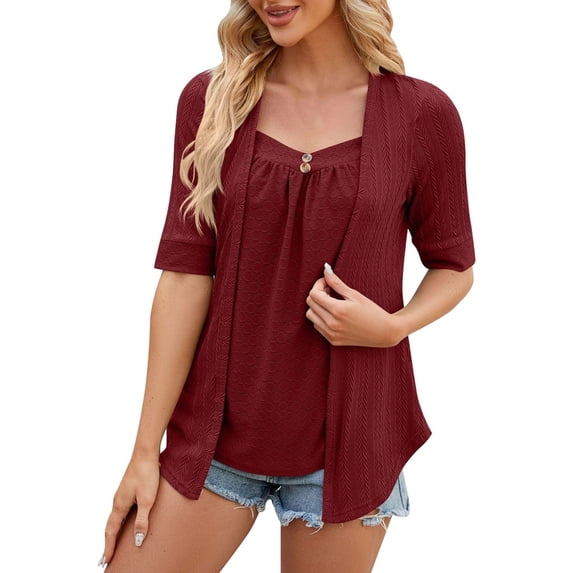 OSOLU Women Solid Color Square Patchwork Button Mid Sleeve T-Shirt Tee Tops Versatile Dailywear