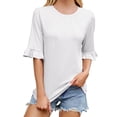 thumbnail image 1 of OSOLU Women Solid Color Striped O-Neck Mid Sleeve T-Shirt Tshirts Tee With Sleeves Stylish Dailywear, 1 of 6