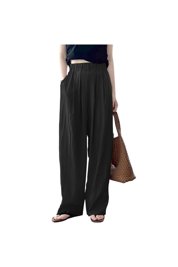 Women Solid Color Summer Fall High Waisted Pleated Ice Silk Wide Leg Pants Trousers Everyday Comfort Versatile Workout Training Joggers Bottoms