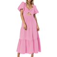 thumbnail image 1 of OSOLU Women Solid Color V-Neck Long Sleeve Puff Sleeve Dress Leisure Sundress Wedding Guest Dresses For Women, 1 of 4
