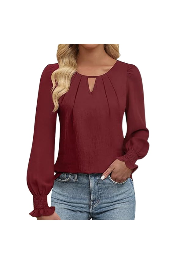 Women Solid Color Women Fashion Lock Hole Pleated Fashion Shirt Tops T-Shirt Tee Soft Dailywear