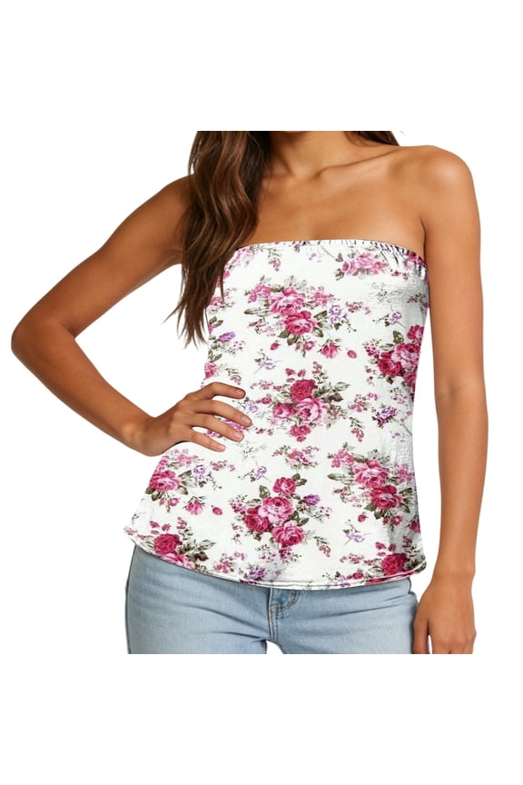 Women Strapless Tank Tops Boho Floral Printed Casual Summer Loose Fit Holiday Tube Top Summer Beach Vacation Clothes