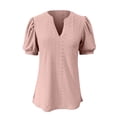 thumbnail image 1 of OSOLU Women Summer Casual V-Neck Solid Color Hollow Puffy Sleeve Loose T-Shirt Tshirts Tee Tops Breathable Dailywear, 1 of 3