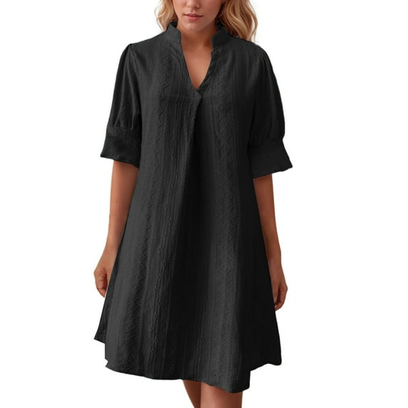 OSOLU Women V-Neck Half Sleeve Solid Color Pleated Dress Leisure Sundress Wedding Guest Dresses For Women