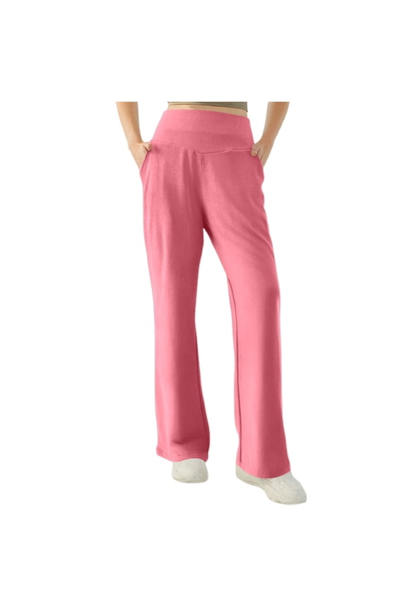 Women Yoga Casual Straight Leg Pants With Pockets Loose Fit Solid Color Trousers For Everyday Wear Workout Stretchy Running Tummy Control Joggers Bottoms Pink S