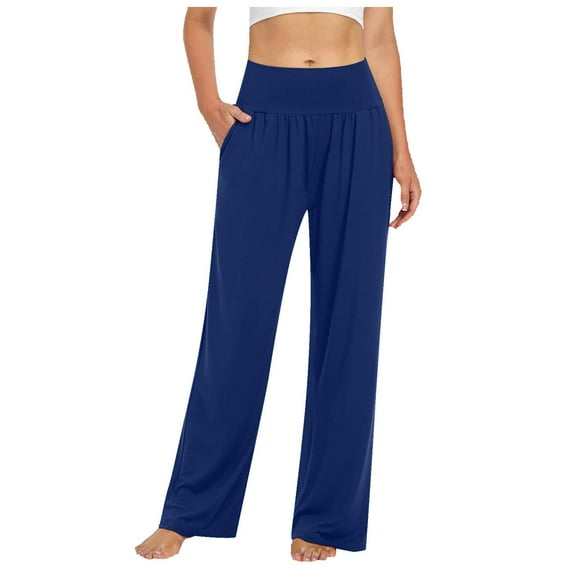OSOLU Women Yoga High Waist Wide Leg Loose Casual Pants Sports Beach Vacation Comfortable Home Casual Pants Workout Stretchy Running Tummy Control Joggers Bottoms Dark Blue XL