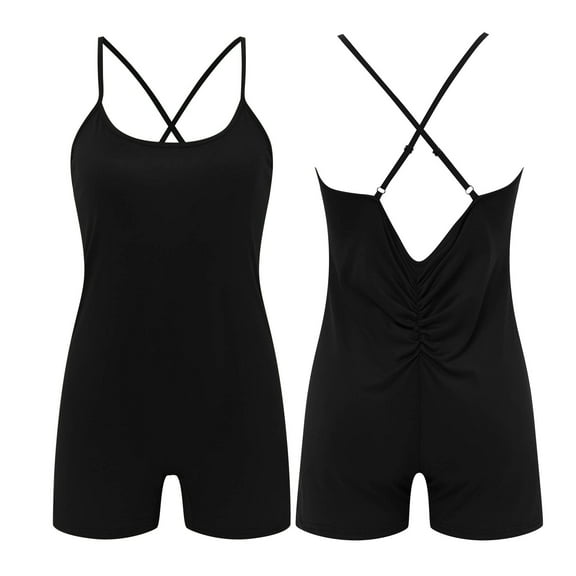 OSOLU Women Yoga Rompers Sleeveless Fitness Rompers V Back Tights Black S