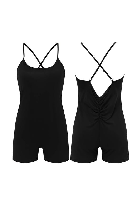 Women Yoga Rompers Sleeveless Fitness Rompers V Back Tights Black S