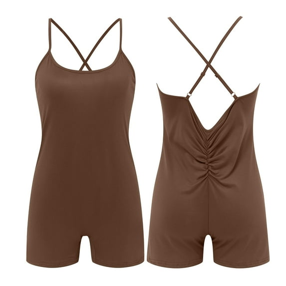 OSOLU Women Yoga Rompers Sleeveless Fitness Rompers V Back Tights Coffee S