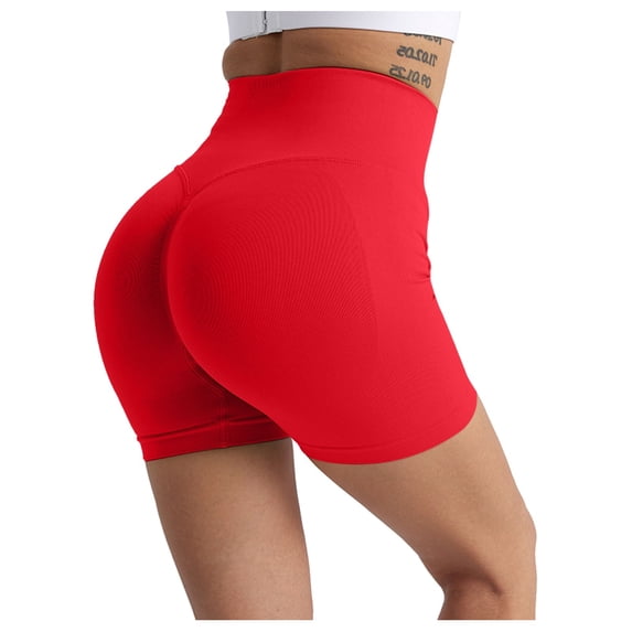 OSOLU Women Yogas Seamless Scrunch Shorts Workout Shorts Gym Shorts Shorts 5 Sports Soft Tummy Control Workout Athletic Gym Bottoms Watermelon Red L