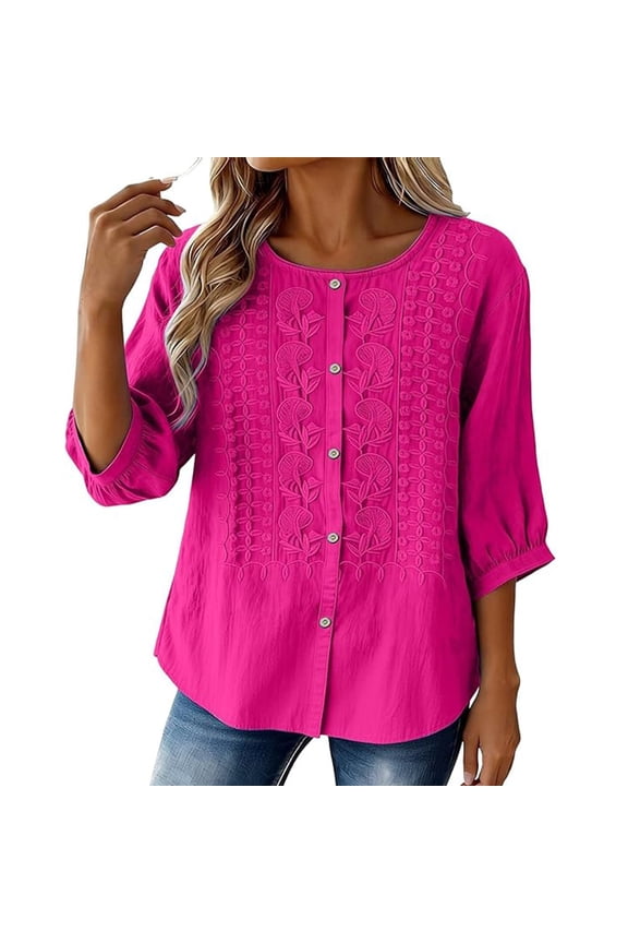 Women's Bohemian T Shirt Floral Embroidered 3/4 Sleeve Casual Button Front Solid Color Tees Vacation Travel Outfit Versatile Tops