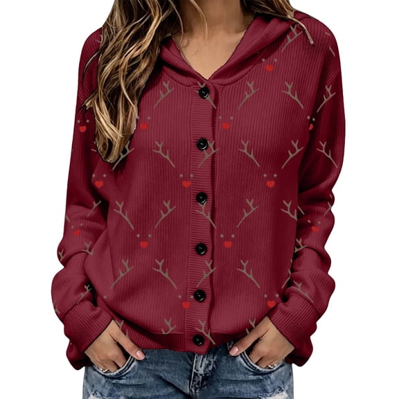 OSOLU Women's Christmas Hooded Sweater Cardigan Reindeer Face Graphic Button Down Long Sleeve Fall Winter Cozy Casual Knitwear,
