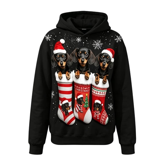 OSOLU Women's Christmas Hoodie Cute Cartoon Graphic Long Sleeve Fall Winter Cozy Outdoor Holiday Wear Pullover, Black