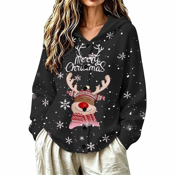 OSOLU Women's Christmas Sweater Reindeer Snowflake Graphic Button Down Long Sleeve Fall Winter Cozy Casual Knit Hooded Cardigan, Black