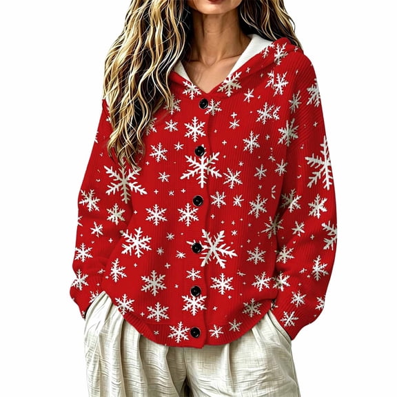 OSOLU Women's Christmas Sweaters Button Down Long Sleeve Cute Graphic Fall Winter Holiday Hooded Cardigan Outer Top, Red