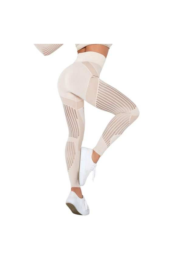Women's Fashion Hollow Out Seamless High Waist Push Up Lift Fitness Water Wash Tight Sports Yoga Pants Workout Stretchy Running Tummy Control Joggers Bottoms Khaki L