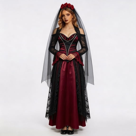 OSOLU Women's Halloween Dress Off Shoulder Design Lace Sleeve Lace Accent Outer Lace Layer Holiday Party Elegant Gown, Brick Red
