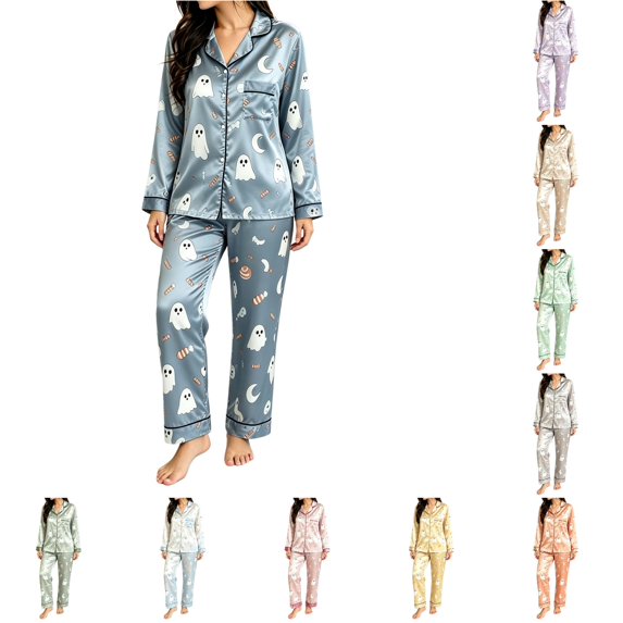 OSOLU Women's Halloween Pajama Sets Ghost Moon Candy Print Long Sleeve Button Down Sleepwear Trousers Home Wear Light Blue