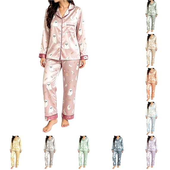 OSOLU Women's Halloween Pajama Sets Ghost Moon Candy Print Long Sleeve Button Down Sleepwear Trousers Home Wear Pink