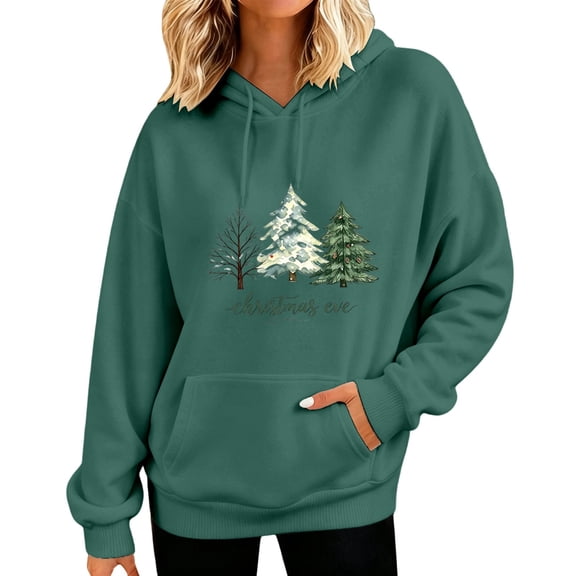 OSOLU Women's Hoodie Christmas Tree Graphic Loose Fit Long Sleeve Casual Hooded Sweatshirt with Pocket Holiday Daily Wear, Green