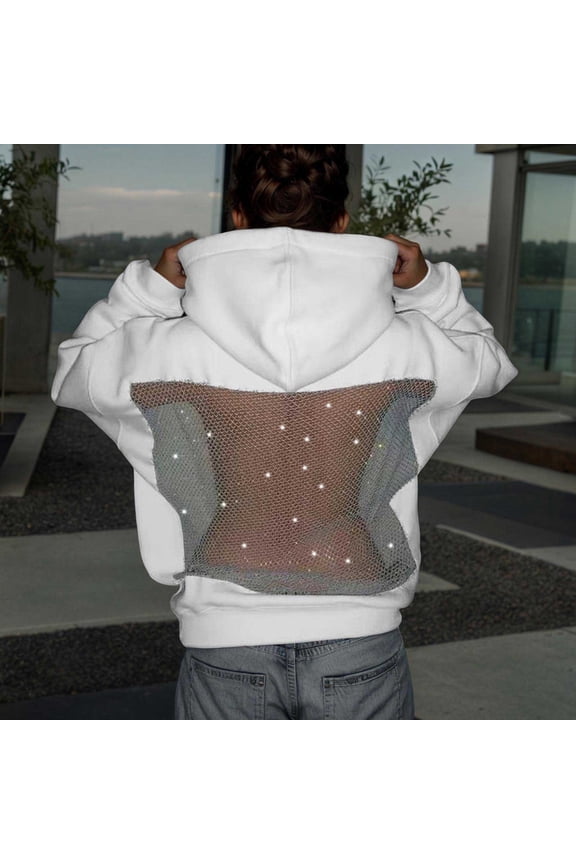 Women's Hoodies Back Rhinestone Mesh Splice Long Sleeve Loose Pullover Sweatshirts White