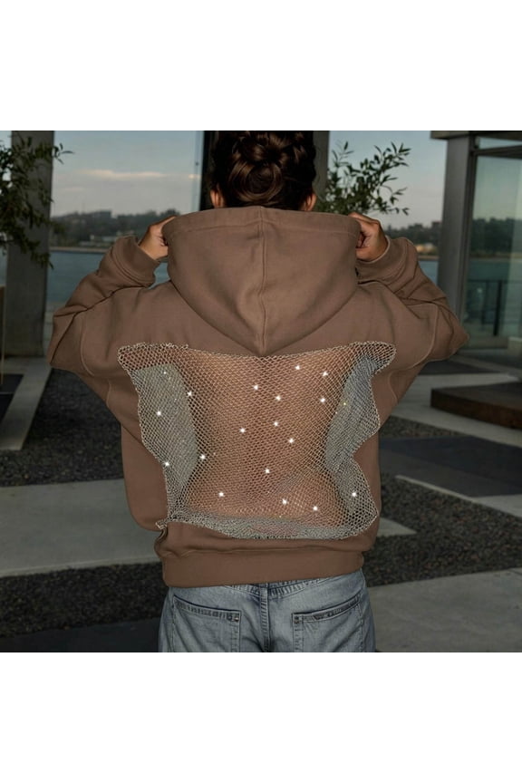 Women's Hoodies Loose Long Sleeve Back Rhinestone Mesh Splice Everyday Sweatshirts Khaki