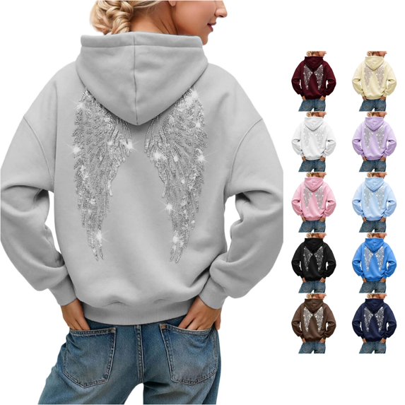 OSOLU Women's Oversized Hoodies Sparkly Rhinestone Wing Decor Back Long Sleeve Casual Sweatshirts Light Gray