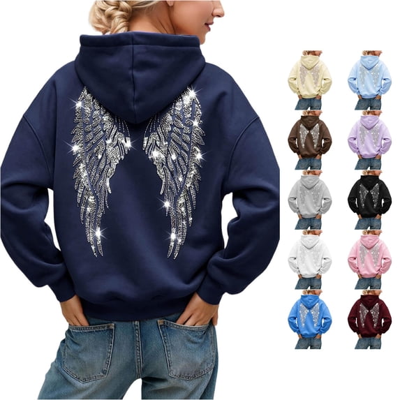 OSOLU Women's Oversized Hoodies Sparkly Rhinestone Wing Decor Back Long Sleeve Casual Sweatshirts Navy