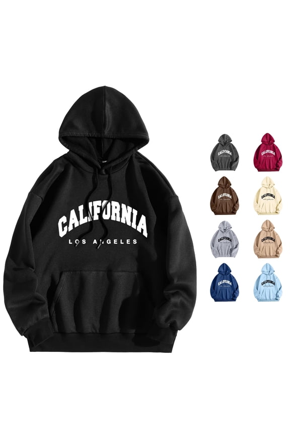 Women's Pullover Hoodie California Los Angeles Letter Print Kangaroo Pocket Drawstring Oversized Sweatshirt Black