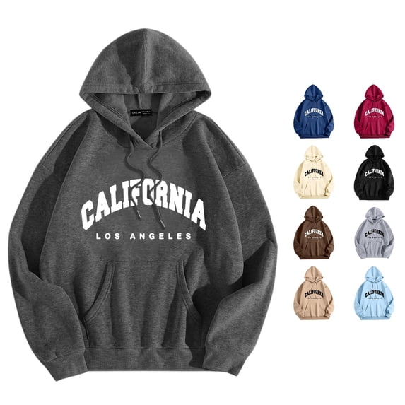 OSOLU Women's Pullover Hoodie California Los Angeles Letter Print Kangaroo Pocket Drawstring Oversized Sweatshirt Dark Gray