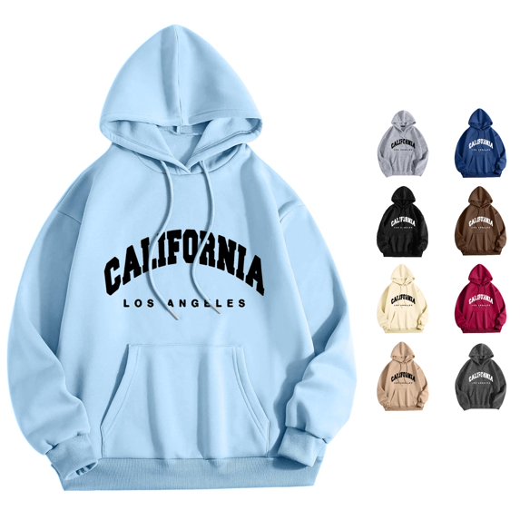 OSOLU Women's Pullover Hoodie California Los Angeles Letter Print Kangaroo Pocket Drawstring Oversized Sweatshirt Light Blue