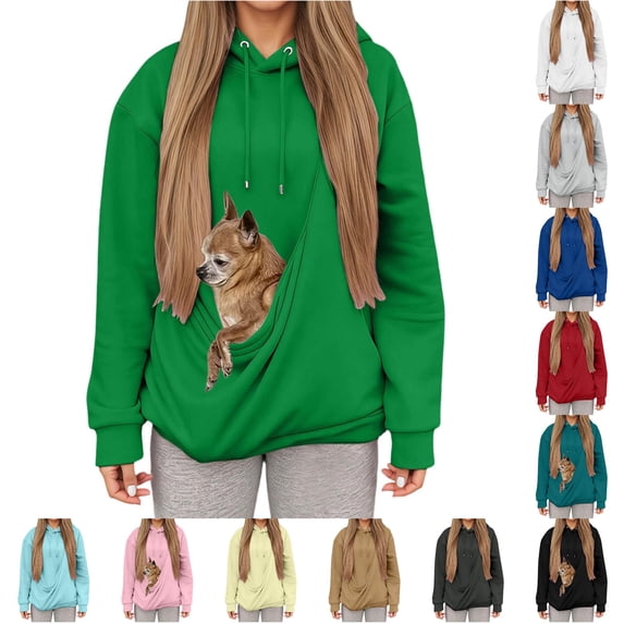 OSOLU Women's Pullover Hoodie Solid Color Novelty Pet Pocket Dog Pattern Drawstring Hood Relaxed Tops Green