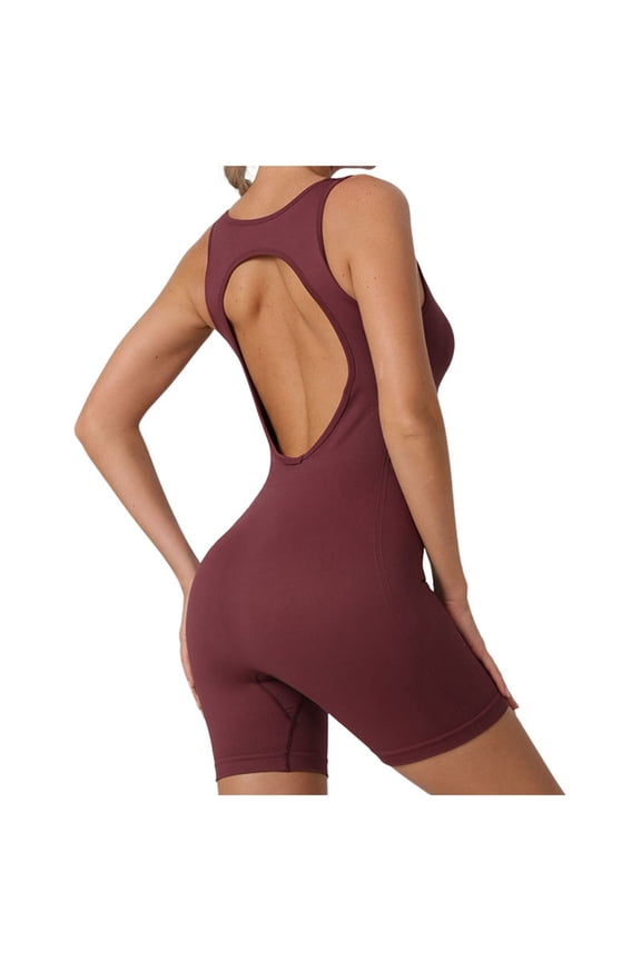 Women's Sleeveless Yoga Jumpsuits Shorts Bodysuit Deep Scoop Neck Backless Bodycon Jumpsuits Sports Soft Tummy Control Workout Athletic Gym Bottoms Red M