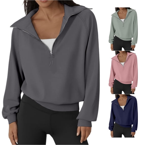 OSOLU Women's Sweatshirt Half Zip Solid Color Long Sleeve Crop Casual Top Pullover Dark Gray