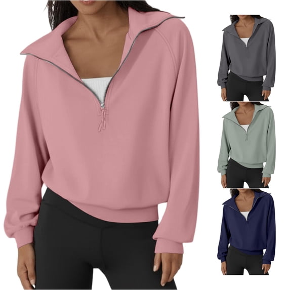 OSOLU Women's Sweatshirt Half Zip Solid Color Long Sleeve Crop Casual Top Pullover Pink