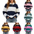 thumbnail image 1 of OSOLU Women's Sweatshirt Long Sleeve Lapel Color Block Stripe Loose Everyday Pullover Navy, 1 of 4