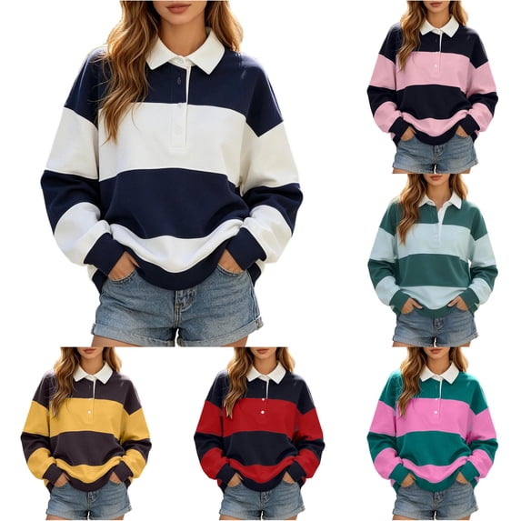 OSOLU Women's Sweatshirt Long Sleeve Lapel Color Block Stripe Loose Everyday Pullover Navy