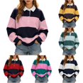 thumbnail image 1 of OSOLU Women's Sweatshirt Long Sleeve Lapel Color Block Stripe Loose Everyday Pullover Pink, 1 of 4